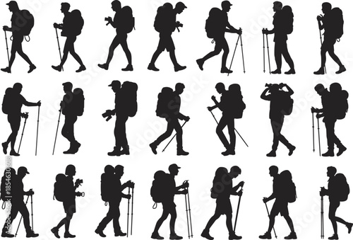 Hiking people silhouettes collection isolated backpackers trekkers walking with poles outdoor adventure travel black vector illustration set