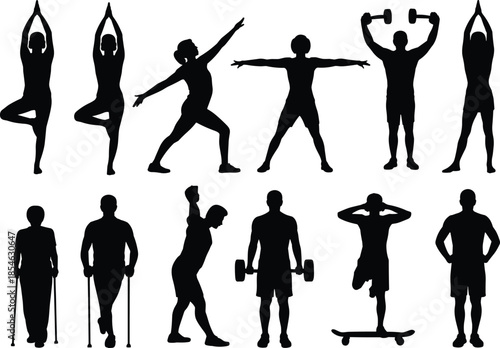 Physical activity silhouette, exercise poses, fitness gesture, diverse movement, posture study, flat vector, black outline, human figure illustration
