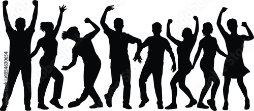 Dance silhouettes, celebration pose, joyful movement, black vector, expressive gesture, freedom icon, isolated graphic, energetic stance, party moment, body language