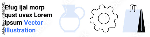 Business, e-commerce, industry, teamwork, marketing, shopping. Minimalist jug, gear and shopping bag icons on a clean background. Business and e-commerce ideas in a modern simple design