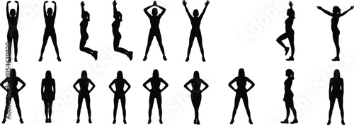 Human posture silhouettes, dynamic poses, yoga stance, black vector, body gesture, fitness icon, isolated graphic, movement study, expressive form, standing figure