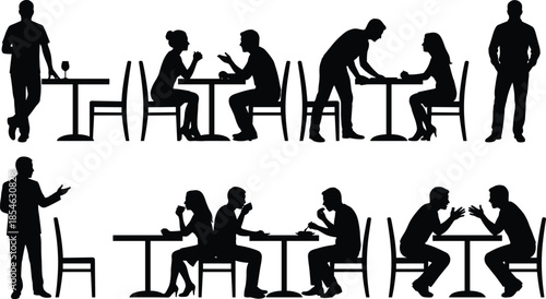 Restaurant silhouette icons, café interaction figures, black people clipart, dining poses, social scene design, isolated vector set