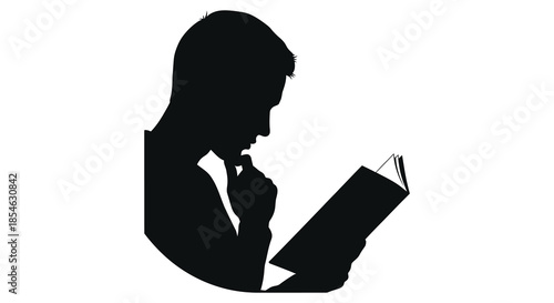 A contemplative man deeply engrossed in reading a book presented as a striking silhouette