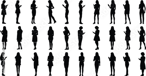 Female silhouettes, mobile phone users, black woman icons, digital lifestyle poses, smartphone interaction, modern communication, standing female figures, isolated design
