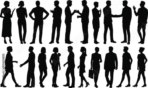 Conversation silhouettes, social interaction, body gesture, black vector, communication icon, handshake pose, isolated graphic, business stance, casual moment, group behavior