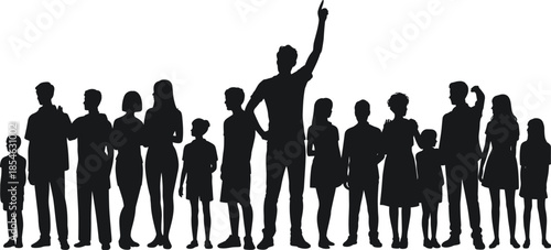 Group silhouettes, diverse figures, standing poses, community icon, black vector, unity gesture, age mix, expressive posture, isolated graphic, people lineup