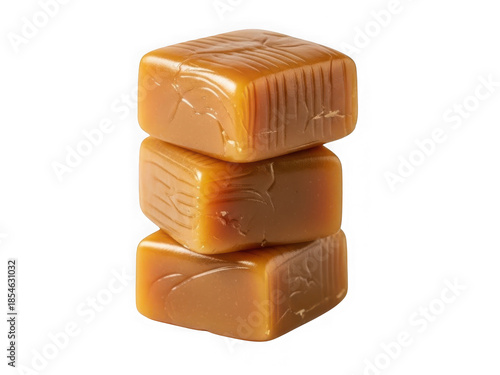 Stack of three caramel candies on white background isolated on transparent background