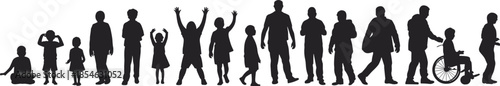 Human life stages silhouette set showing children adults elderly wheelchair disability diversity people progression isolated white background vector illustration design