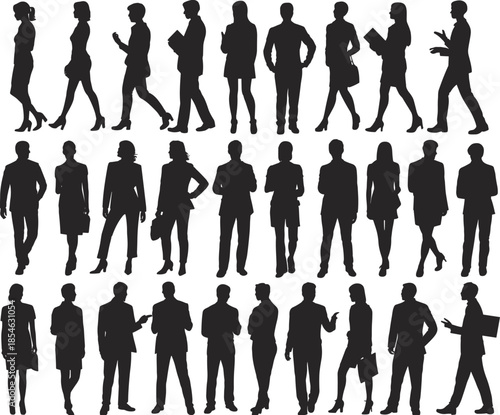 Business people silhouette collection showing professional men women standing walking talking isolated white background corporate vector 