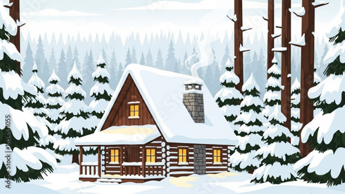 Cozy snow covered cabin nestled among tall trees in a serene forest landscape with warm glowing windows on a cold winter day