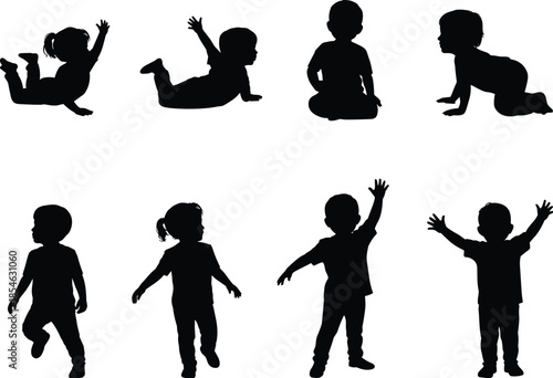 Baby and toddler silhouettes collection isolated children crawling standing playing black vector illustration set for childhood parenting design