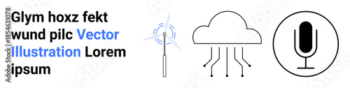 Renewable energy, tech infrastructure, digital storage, AI, green solutions, communication tools. Icons include a wind turbine, cloud with linked circuitry and microphone. Renewable energy and tech