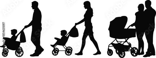 Stroller silhouettes, family caregiving, adult child walk, black vector, parenting icon, transportation gesture, isolated graphic, nurturing moment, urban lifestyle, baby mobility