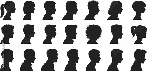 Head, silhouette, profile, people, hairstyle, diversity, icon, vector, black, isolated, shape, character, identity, design, human, shoulder, style, grid, collection, variation