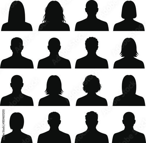 Head, silhouette, profile, people, hairstyle, diversity, icon, vector, black, isolated, face, character, identity, shape, design, human, shoulder, grid, collection, variation