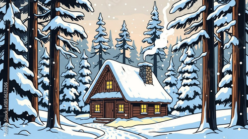 Cozy snow covered wooden cabin nestled among tall evergreen trees in a serene snowy forest landscape with warm glowing windows