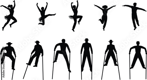 Dance silhouettes, stilt walkers, performance art, expressive motion, black vector, dynamic pose, street show, isolated graphic, movement icon, artistic gesture