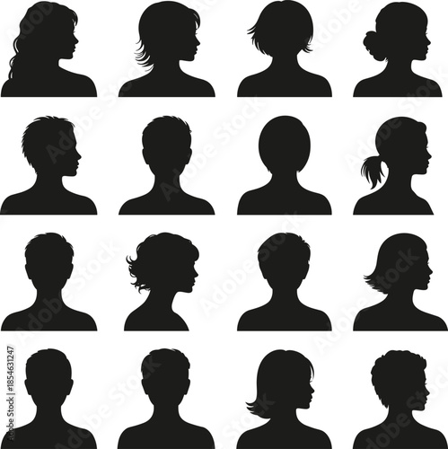 Human head silhouette, hairstyle diversity, profile view, shoulder outline, flat vector, identity concept, black shape, face reference illustration