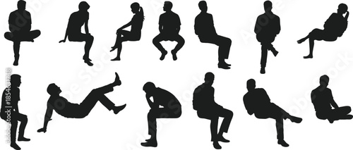 Sitting people silhouettes collection isolated men and women relaxed seated poses black vector illustration set for lifestyle design use