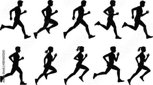 Running, silhouette, people, athlete, jogging, motion, stride, fitness, sport, vector, black, isolated, pose, action, male, female, exercise, graphic, icon, collection