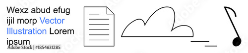 Data management, technology, creativity, cloud storage, document sharing, communication. A document icon, cloud shape and music note. Data management and technology concept