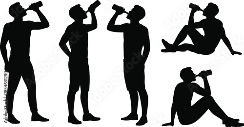 Drinking silhouettes, hydration pose, bottle gesture, black vector, seated stance, relaxed icon, isolated graphic, lifestyle moment, consumption action, casual behavior