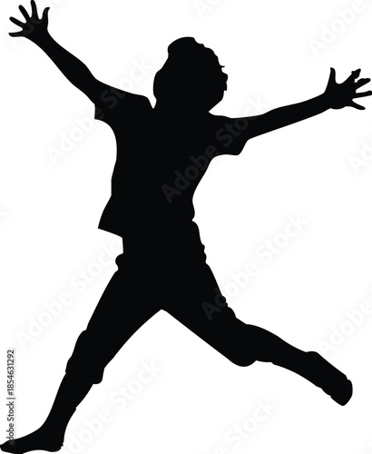 Black silhouette of a happy boy jumping with joy on a clean white background