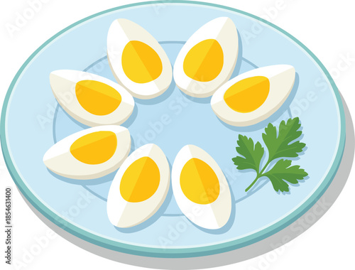 Six Halved Hard Boiled Eggs Arranged In A Circle On A Blue Plate With Parsley egg halves