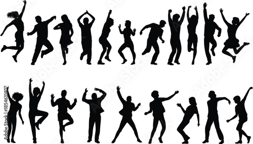 Dance silhouettes, expressive movement, energetic pose, black vector, performance icon, body gesture, isolated graphic, rhythm stance, motion art, celebration moment