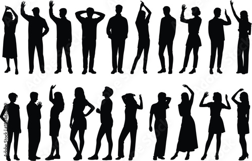 Human gesture silhouettes, expressive poses, body language, black vector, standing figures, isolated graphic, posture icon, movement art, diverse stance, gesture study