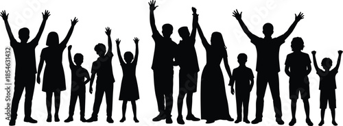 Group of people silhouettes, adults and children, raised arms, celebration pose, unity concept, black vector, family gathering, joyful moment