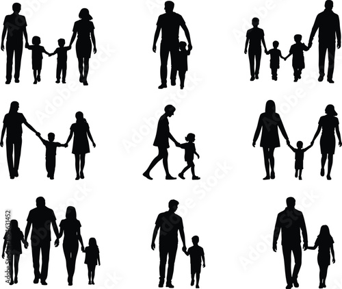 Family silhouettes collection isolated parents with children holding hands walking together black vector illustration set for parenting lifestyle design