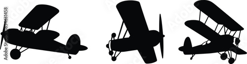 Biplane, silhouette, aircraft, vintage, propeller, aviation, icon, vector, black, isolated, flight, wings, classic, design, plane, old, retro, angle, collection, profile