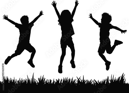 Jumping children silhouettes, outdoor joy, playful kids, happy moment, black vector, grass scene, energetic pose, childhood freedom, isolated graphic, fun 