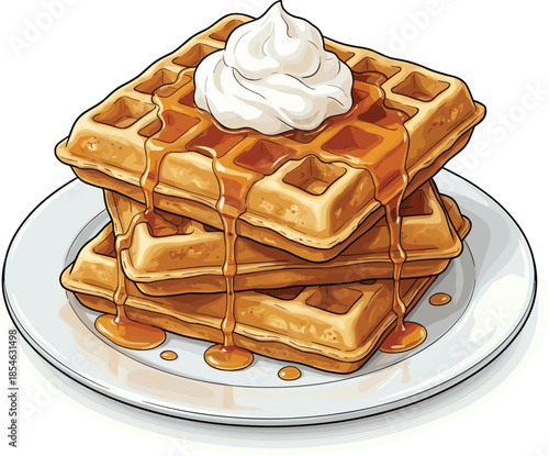 Stack of golden waffles with whipped cream and syrup dripping down Keywords: waffle, waffles, breakfast, food, sweet, syrup, maple