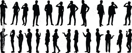 Silhouettes of people posing, body language, communication gestures, standing figures, black vector, interaction concept, male female mix, expressive posture