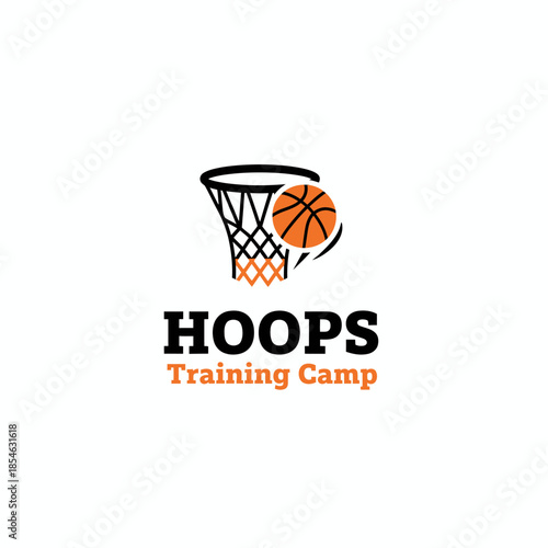 Dynamic sports logo for "HOOPS Training Camp" featuring an orange basketball flying into a black net, symbolizing action, skill, and coaching