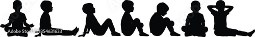 Children sitting silhouettes, black figure icons, relaxed and reclining poses, casual posture clipart, isolated design, vector set
