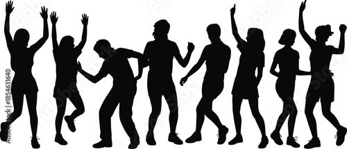Dance silhouettes, energetic poses, celebration movement, black vector, expressive gesture, isolated graphic, party stance, joyful moment, rhythm icon, body motion