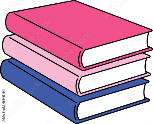 Stack of three colorful books with pink and blue covers on a white background Keywords: books, stack, reading, literature