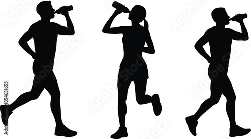 Running silhouettes, hydration motion, fitness figures, jogging pose, drink bottle, black vector, exercise icon, active lifestyle, isolated graphic, health 