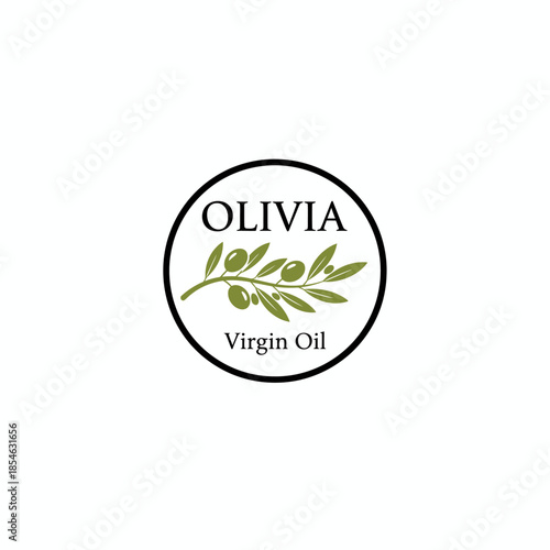 Minimalist circular logo for "Olivia Virgin Oil" featuring a green olive branch illustration, representing natural and healthy organic food products