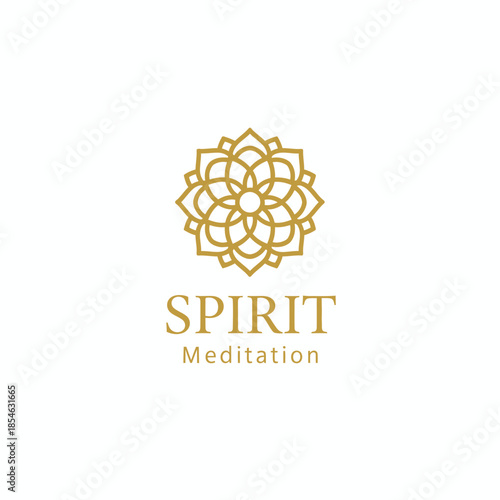 Elegant gold mandala logo for Spirit Meditation, featuring a symmetrical geometric lotus flower design representing peace, harmony, and mindfulness.