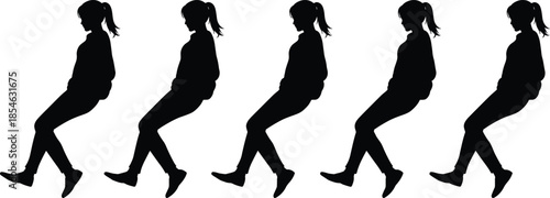 Dance motion silhouettes, seated pose sequence, black vector, expressive gesture, animation frame, isolated graphic, movement study, ponytail figure, casual stance, choreography icon