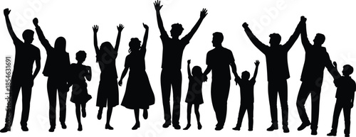 Happy family silhouette celebration parents children jumping together isolated black vector illustration joyful people unity success concept