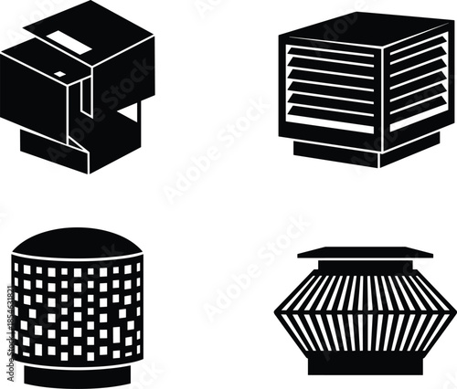 Isometric ventilation equipment set vector black silhouette isolated on background.