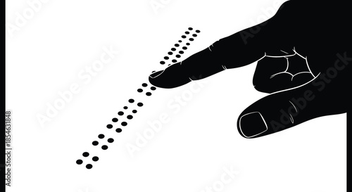 A dark hand gently touches a line of braille dots showcasing tactile communication silhouette