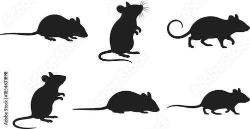 Mouse silhouette icons, black rodent figures, varied animal poses, standing and crouching mice, isolated design, whiskered clipart, vector set