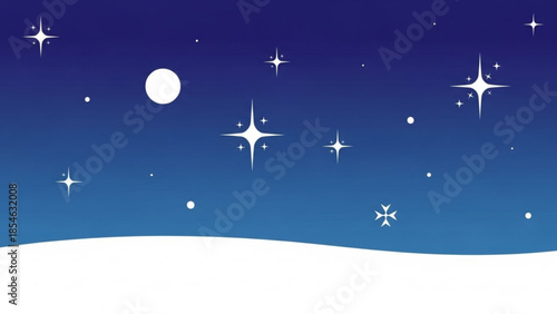 A serene winter night scene with a full moon shining brightly in a dark blue sky filled with sparkling stars and snow on the ground