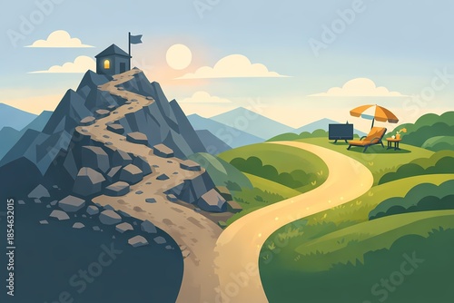 Illustration of two paths showing the contrast between hard work for long term reward and an easy way of instant gratification.